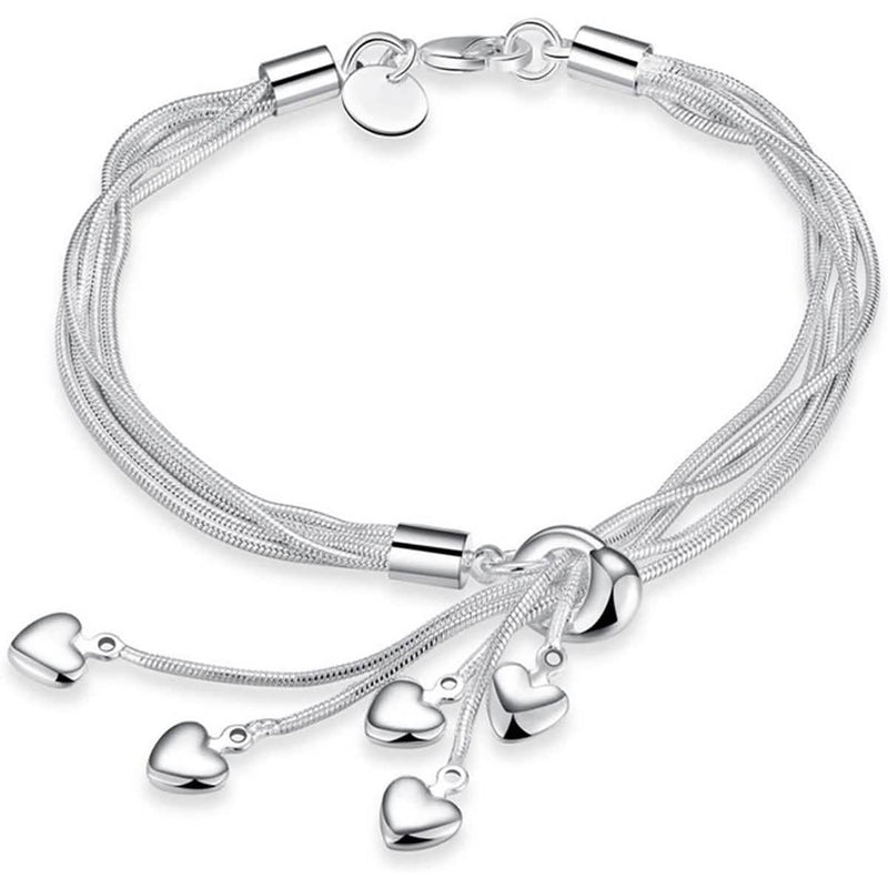 Silver Five-Line Chain with Five-Heart Bracelet