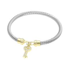 Two Tone CZ Pavé Key Charm Cable Bangle Bracelet