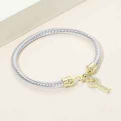 Two Tone CZ Pavé Key Charm Cable Bangle Bracelet