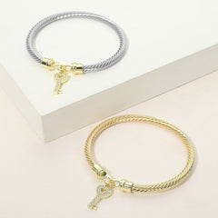 Two Tone CZ Pavé Key Charm Cable Bangle Bracelet