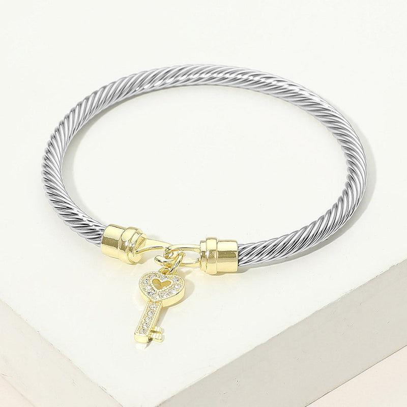 Two Tone CZ Pavé Key Charm Cable Bangle Bracelet