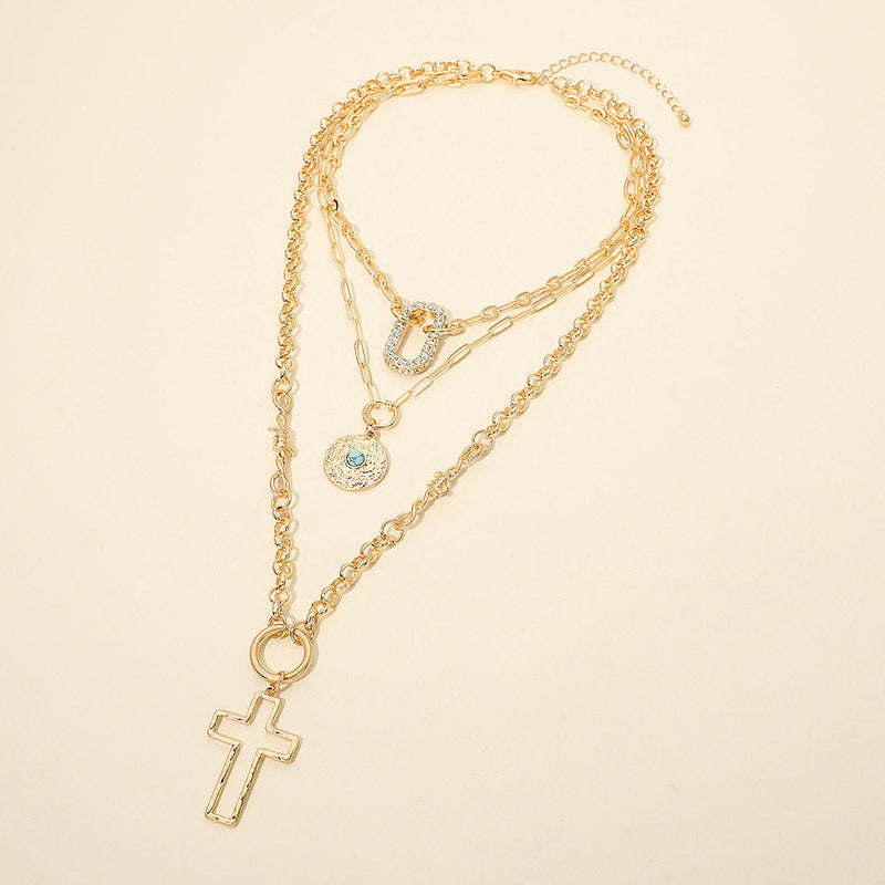 Cross Rhinestone Accent Layered Statement Necklace